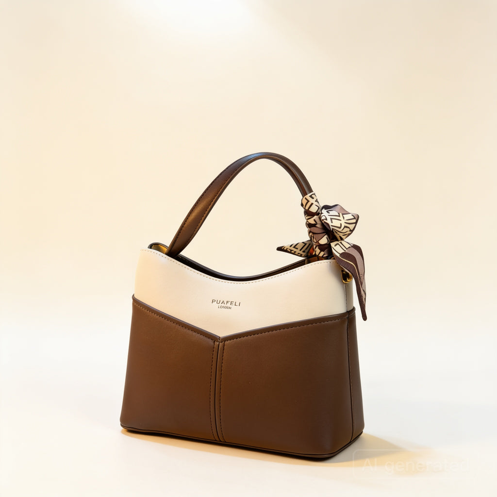Premium PU Leather Shoulder Bag for Women – Elegant Brown & Cream Handbag with Scarf Detail – Stylish Everyday Bag