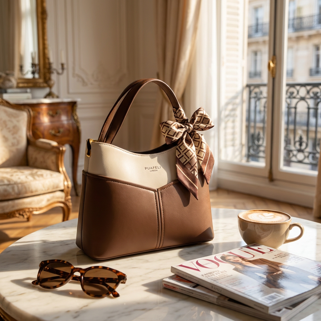 Premium PU Leather Shoulder Bag for Women – Elegant Brown & Cream Handbag with Scarf Detail – Stylish Everyday Bag