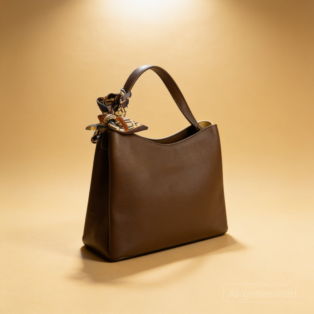 Premium PU Leather Shoulder Bag for Women – Elegant Brown & Cream Handbag with Scarf Detail – Stylish Everyday Bag