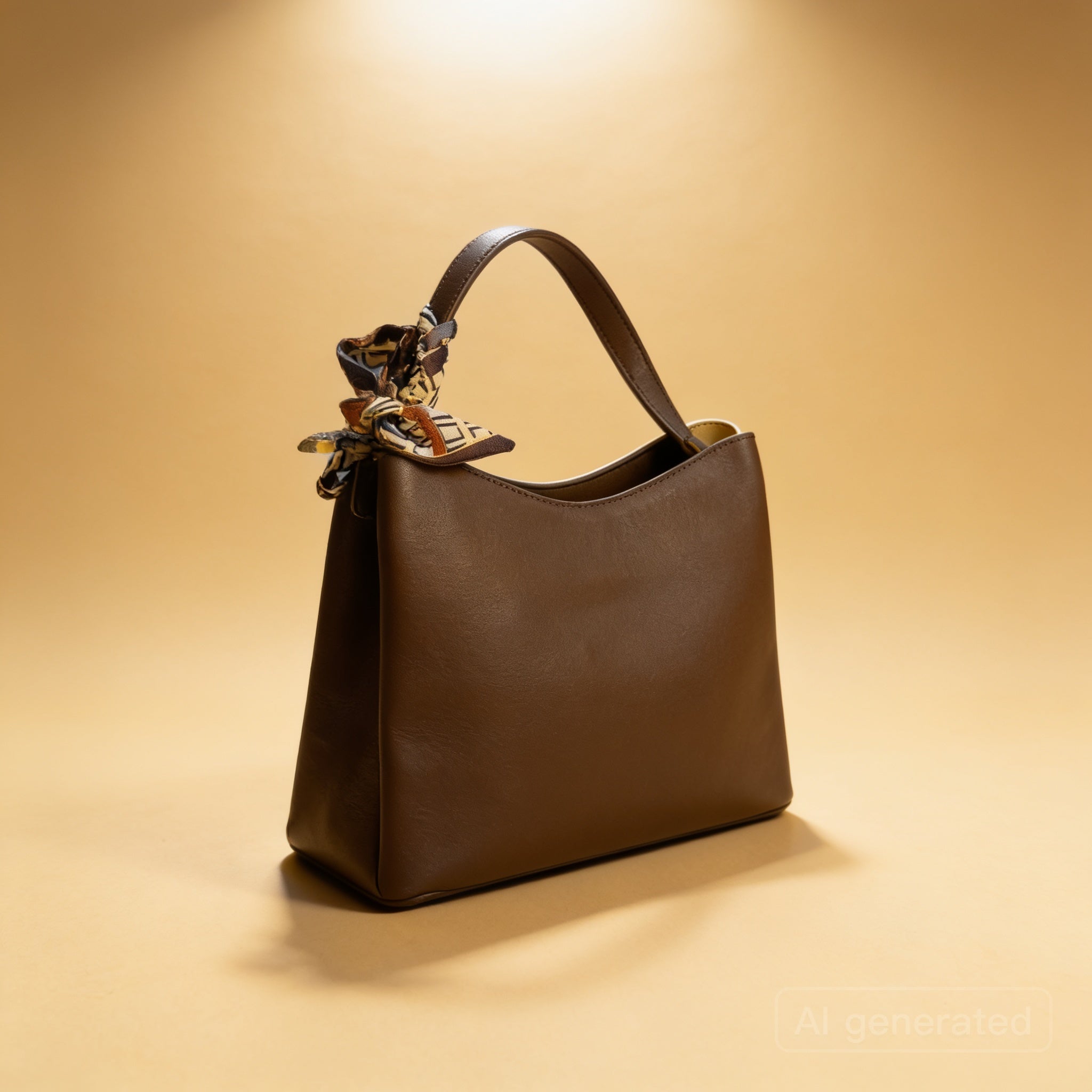 Premium PU Leather Shoulder Bag for Women – Elegant Brown & Cream Handbag with Scarf Detail – Stylish Everyday Bag
