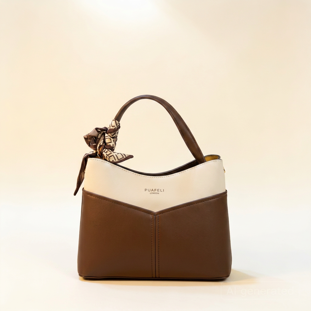 Premium PU Leather Shoulder Bag for Women – Elegant Brown & Cream Handbag with Scarf Detail – Stylish Everyday Bag