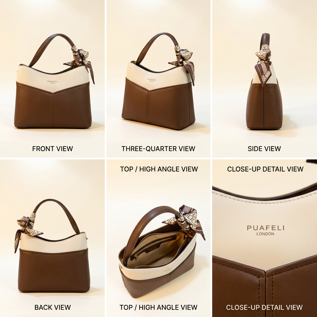 Premium PU Leather Shoulder Bag for Women – Elegant Brown & Cream Handbag with Scarf Detail – Stylish Everyday Bag