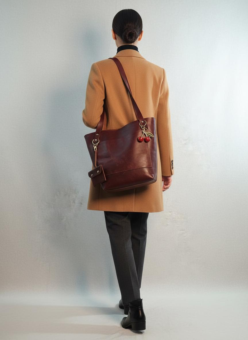 tot bag en cuir fait main avec poche extérieure , Cadeau pour elle