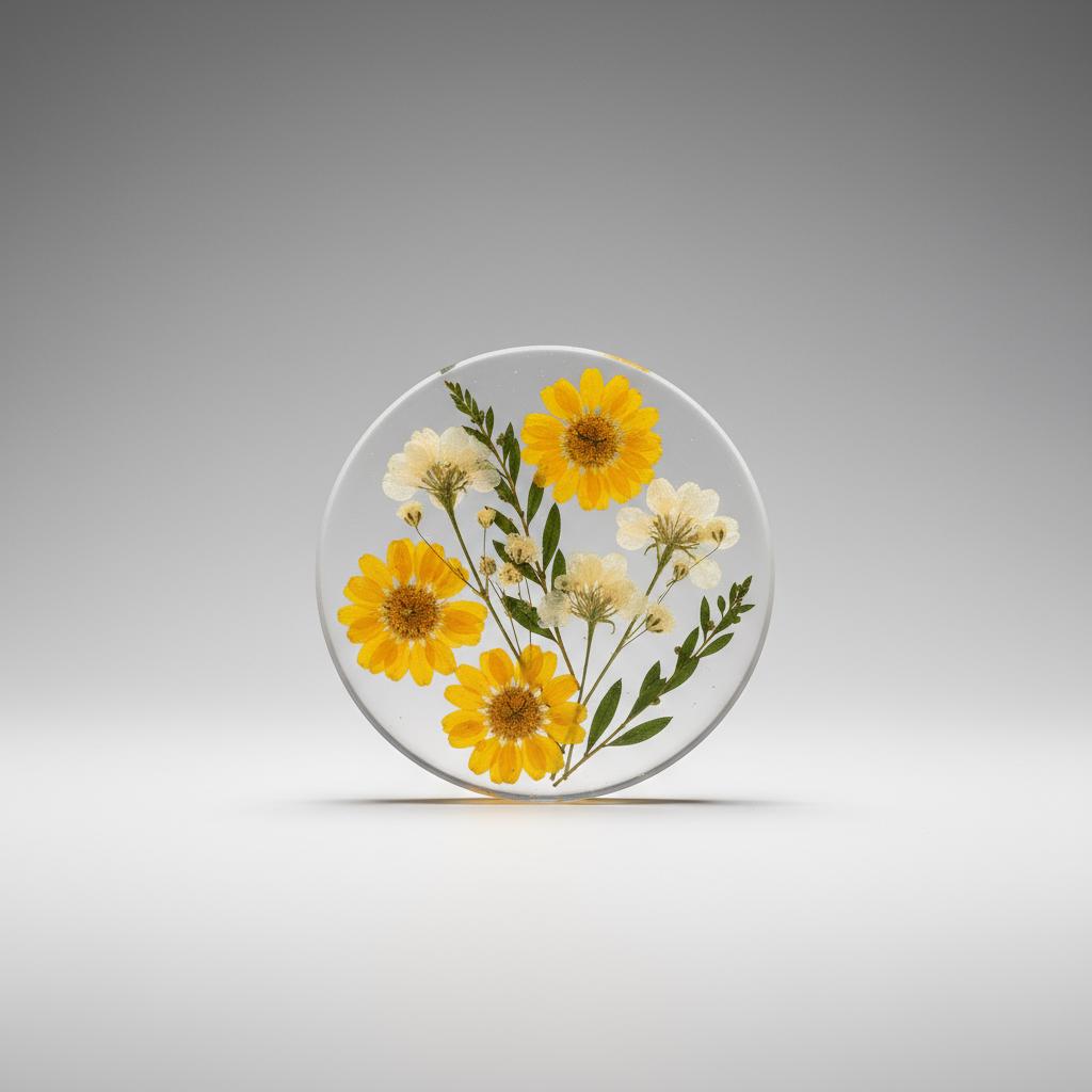 Sous-verres en résine avec fleurs naturelles – Lot de 5 – Élégance, Amour et Art de Vivre – Support inclus
