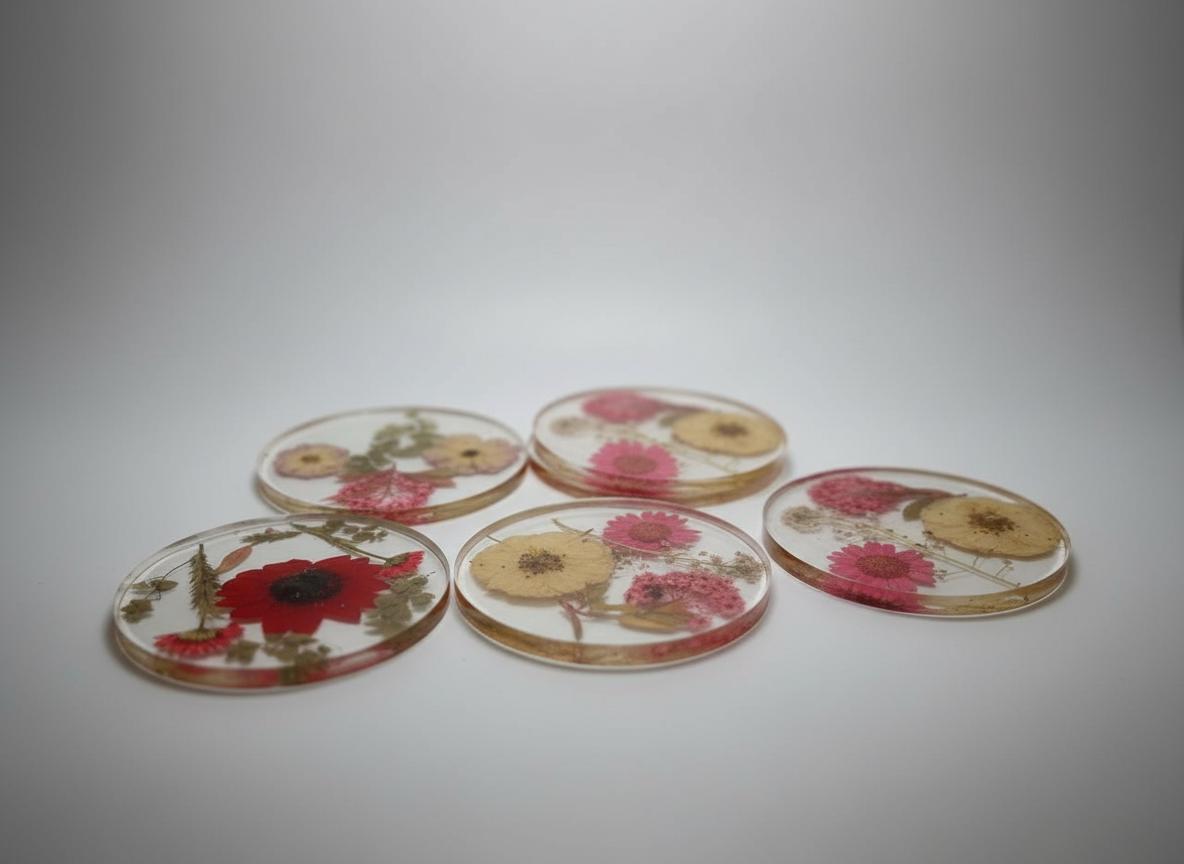 Sous-verres en résine avec fleurs naturelles – Lot de 5 – Élégance, Amour et Art de Vivre – Support inclus