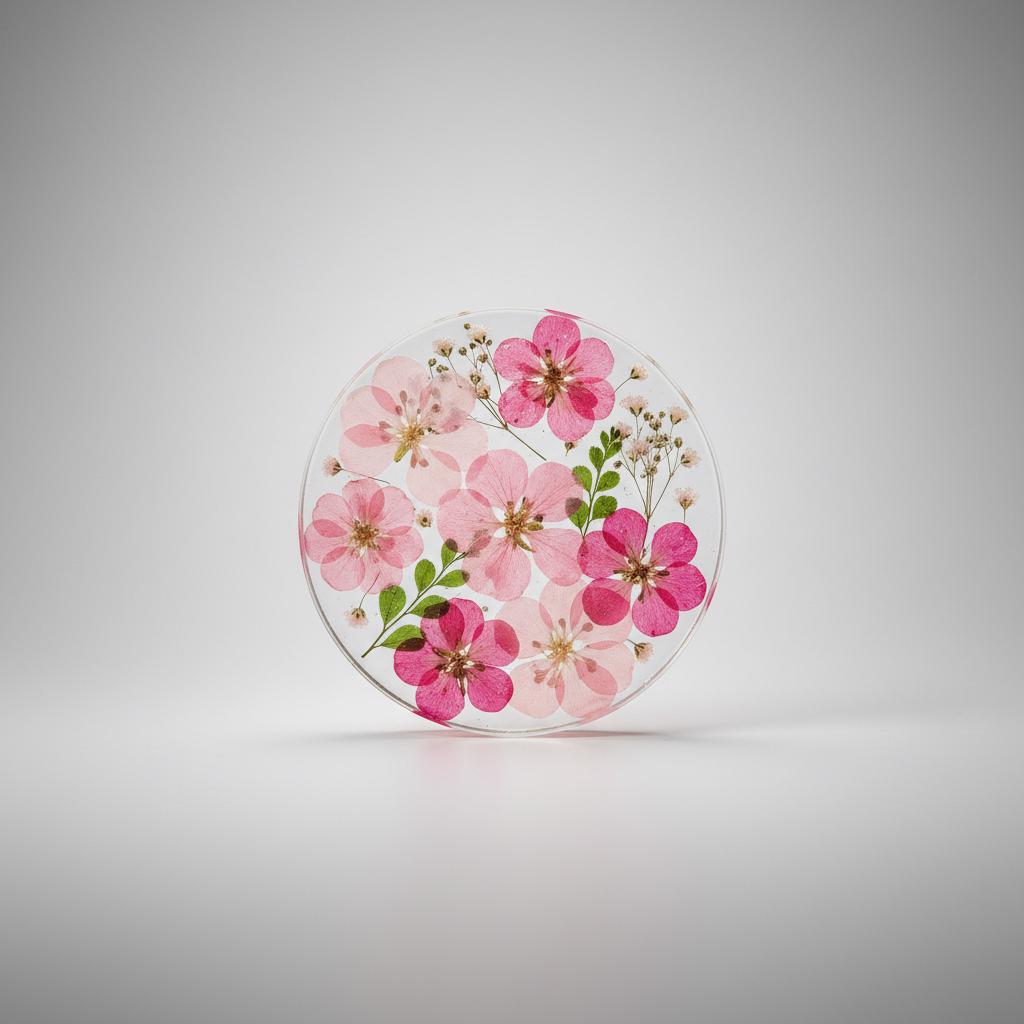 Sous-verres en résine avec fleurs naturelles – Lot de 5 – Élégance, Amour et Art de Vivre – Support inclus