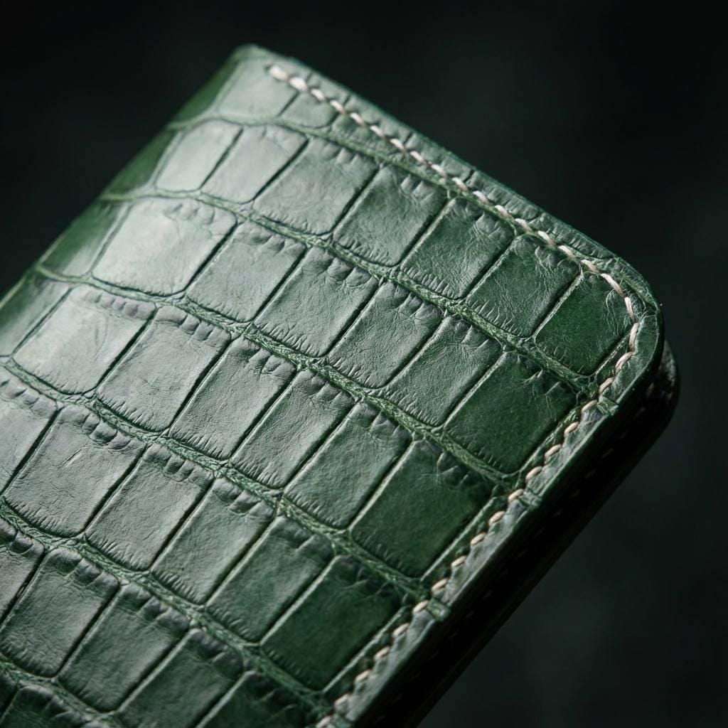 Protège-Passeport en Cuir Façon Crocodile Vert – Étui Passeport Luxe, Accessoire de Voyage Élégant, Cadeau Voyageur
