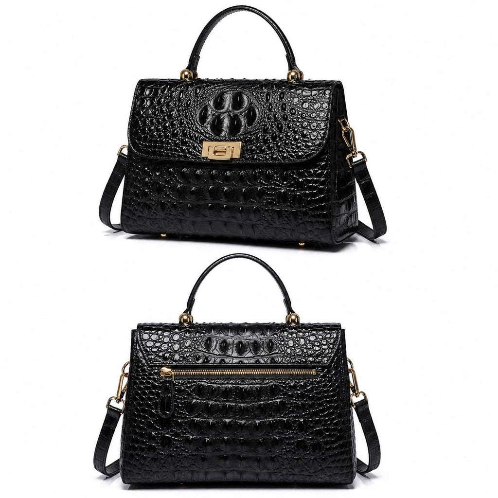 Black Crocodile Handbag for Women, Luxury Leather Shoulder Bag, Elegant Top Handle Purse, Crossbody Satchel, Designer Style Tote