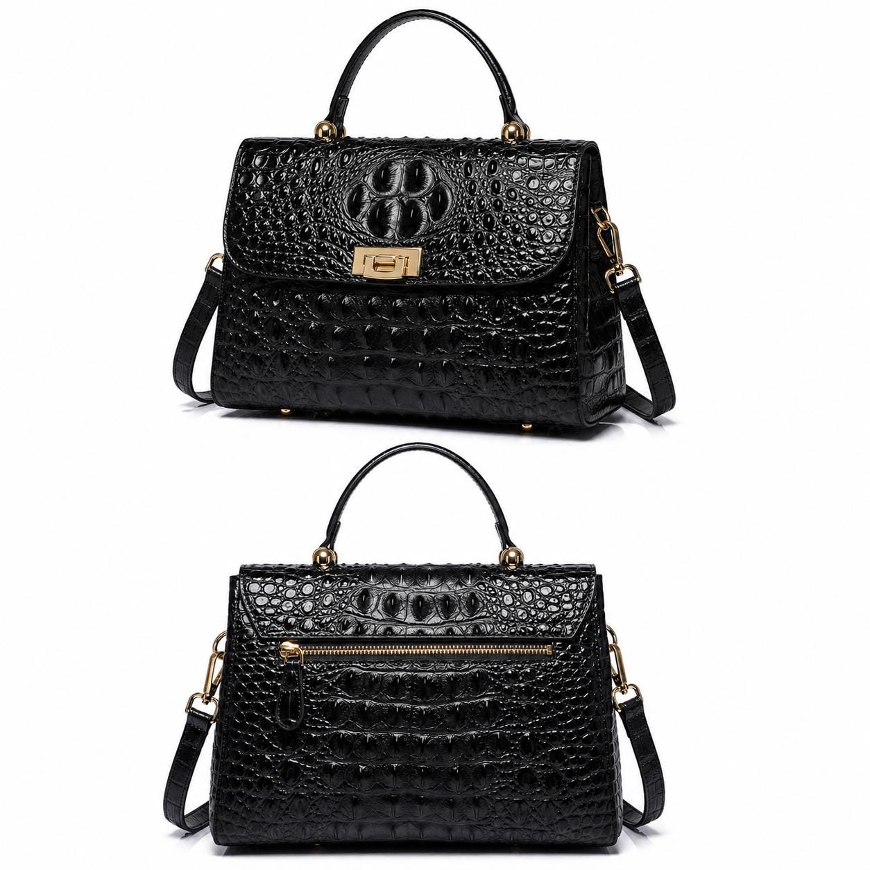 Black Crocodile Handbag for Women, Luxury Leather Shoulder Bag, Elegant Top Handle Purse, Crossbody Satchel, Designer Style Tote