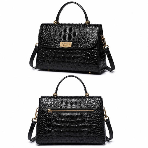 Black Crocodile Handbag for Women, Luxury Leather Shoulder Bag, Elegant Top Handle Purse, Crossbody Satchel, Designer Style Tote