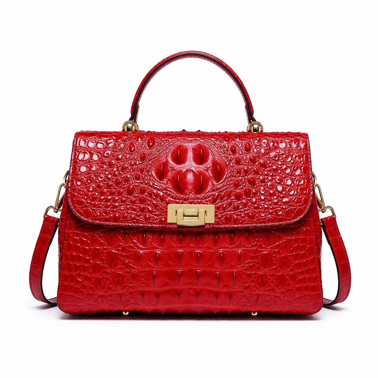 Luxury Red Crocodile Embossed Handbag for Women, Designer Style Top Handle Purse, Elegant Shoulder Crossbody Satchel Bag