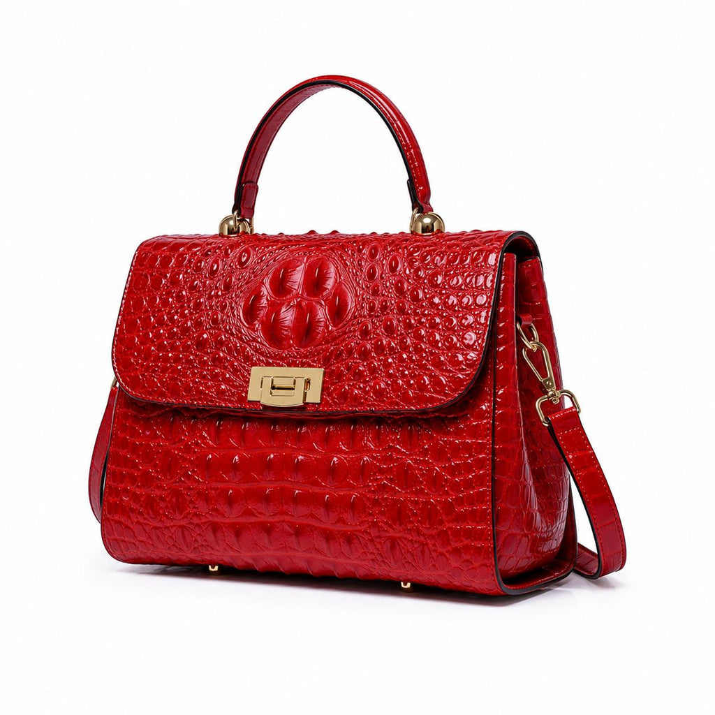 Luxury Red Crocodile Embossed Handbag for Women, Designer Style Top Handle Purse, Elegant Shoulder Crossbody Satchel Bag