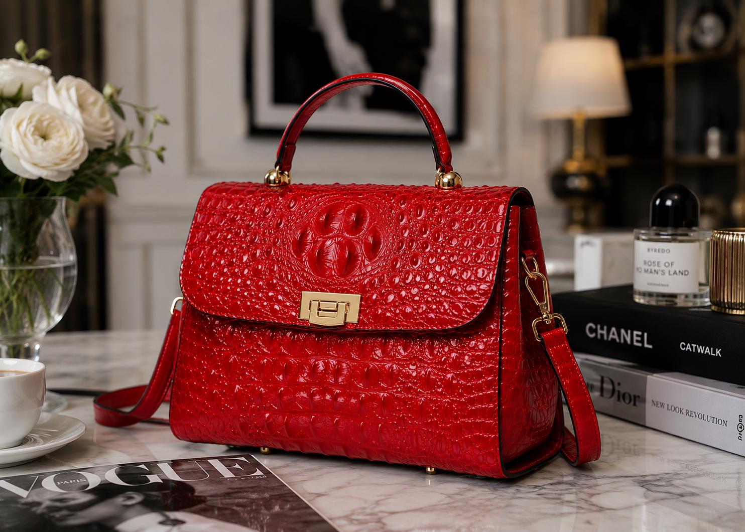 Luxury Red Crocodile Embossed Handbag for Women, Designer Style Top Handle Purse, Elegant Shoulder Crossbody Satchel Bag
