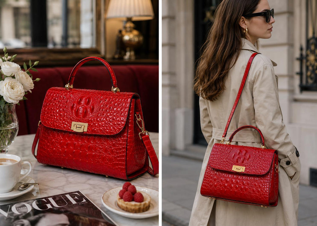 Luxury Red Crocodile Embossed Handbag for Women, Designer Style Top Handle Purse, Elegant Shoulder Crossbody Satchel Bag