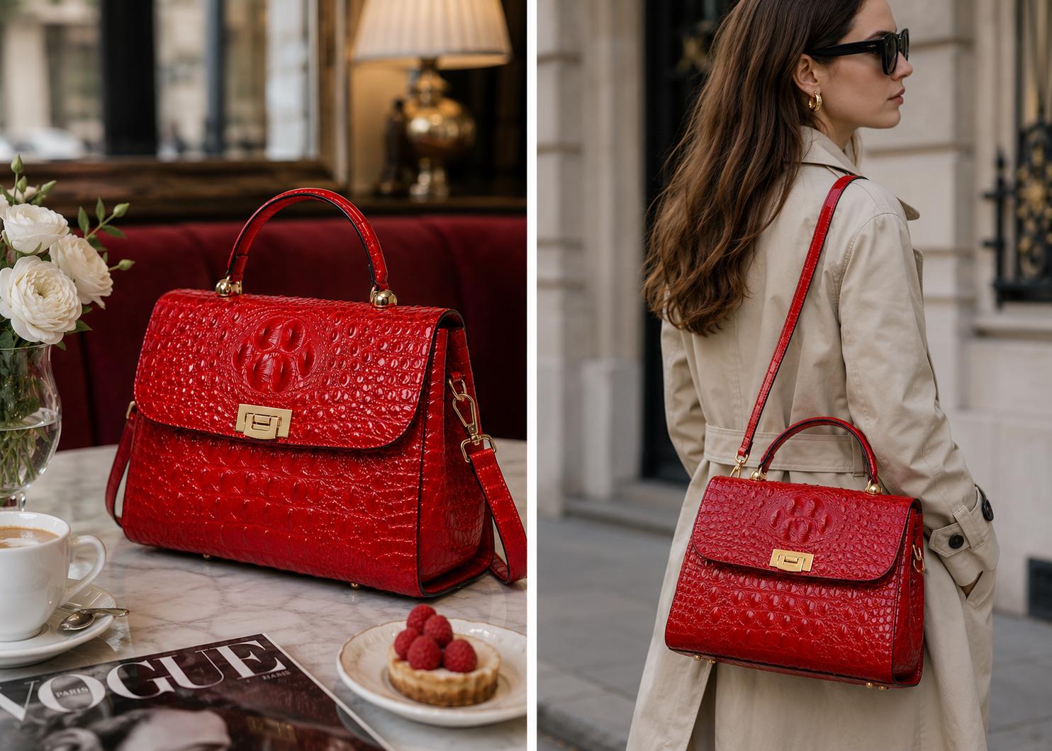 Luxury Red Crocodile Embossed Handbag for Women, Designer Style Top Handle Purse, Elegant Shoulder Crossbody Satchel Bag