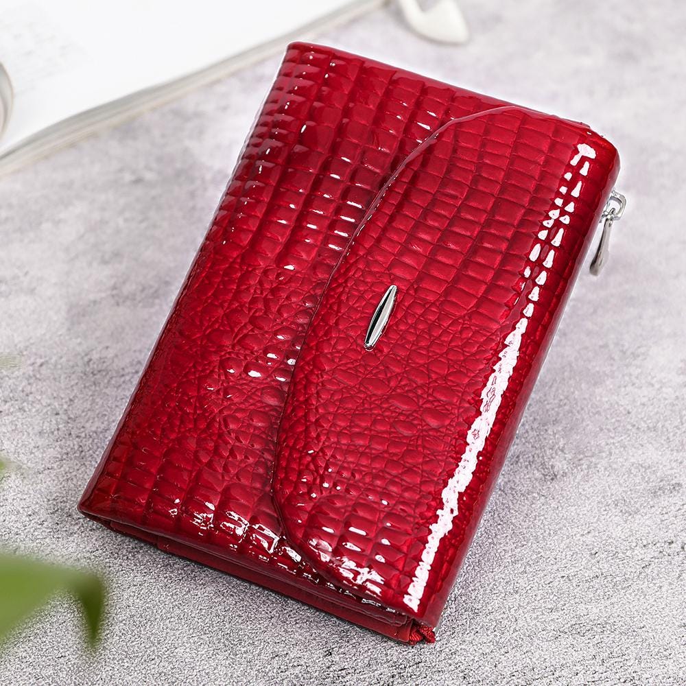 Red Crocodile Wallet for Women, Leather Zip Wallet, Luxury Clutch Purse, Elegant Long Wallet, Patent Leather Wallet, Gift for Her