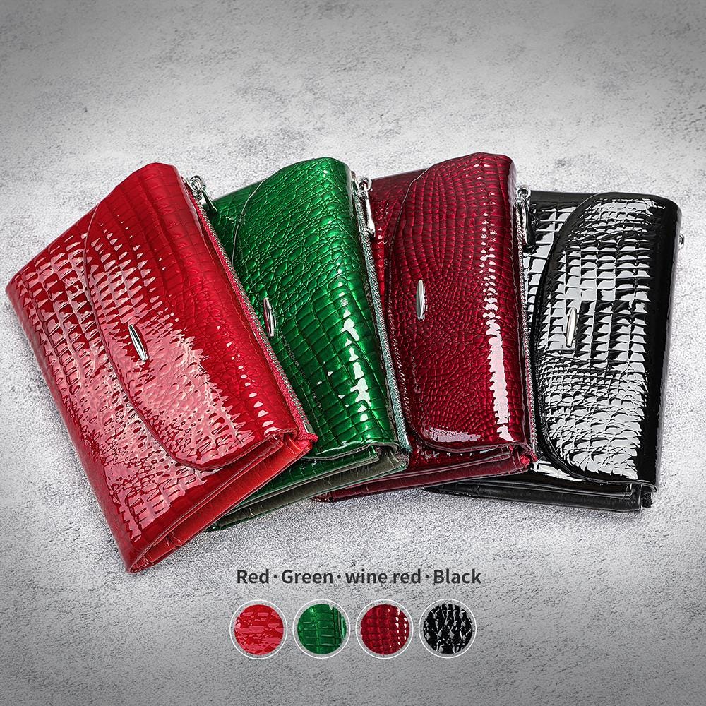 Black Crocodile Wallet for Women, Patent Leather Long Wallet, Zip Clutch Purse, Multi Card Holder, Elegant Black Wallet