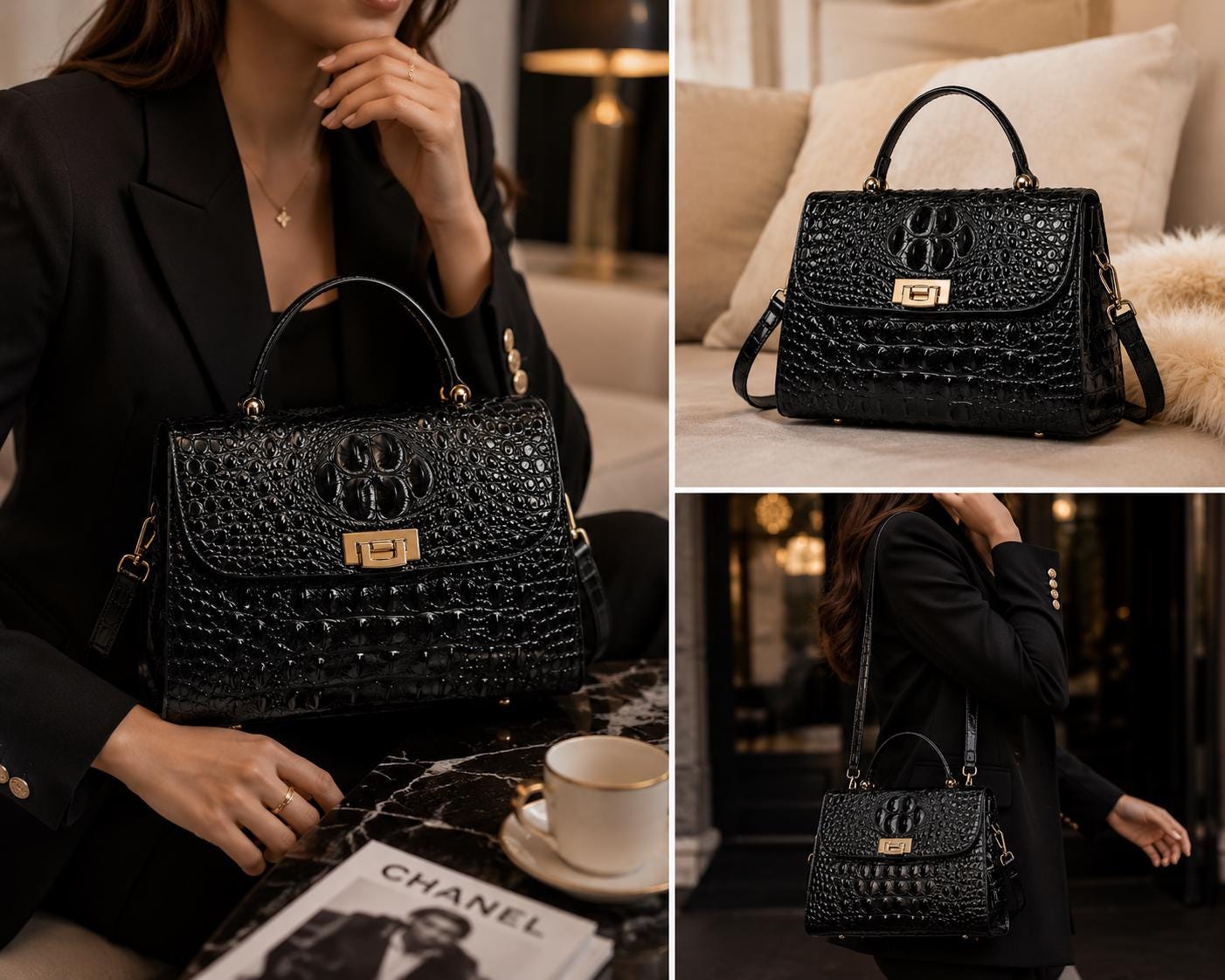 Black Crocodile Handbag for Women, Luxury Leather Shoulder Bag, Elegant Top Handle Purse, Crossbody Satchel, Designer Style Tote
