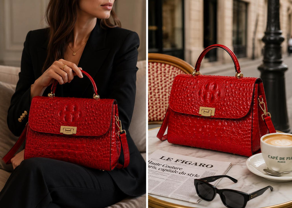 Luxury Red Crocodile Embossed Handbag for Women, Designer Style Top Handle Purse, Elegant Shoulder Crossbody Satchel Bag
