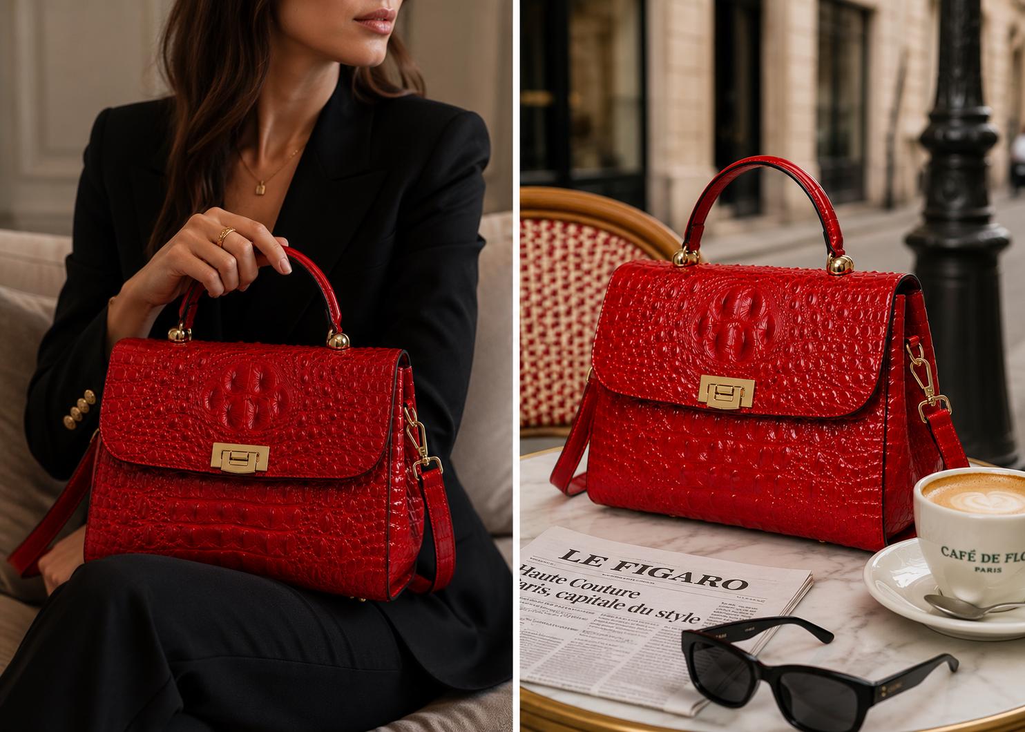 Luxury Red Crocodile Embossed Handbag for Women, Designer Style Top Handle Purse, Elegant Shoulder Crossbody Satchel Bag