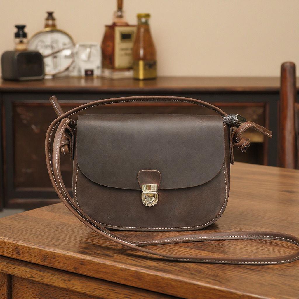 Un bolso pequeño cuero en forma de media luna destaca por su silueta curva y su estética contemporánea.