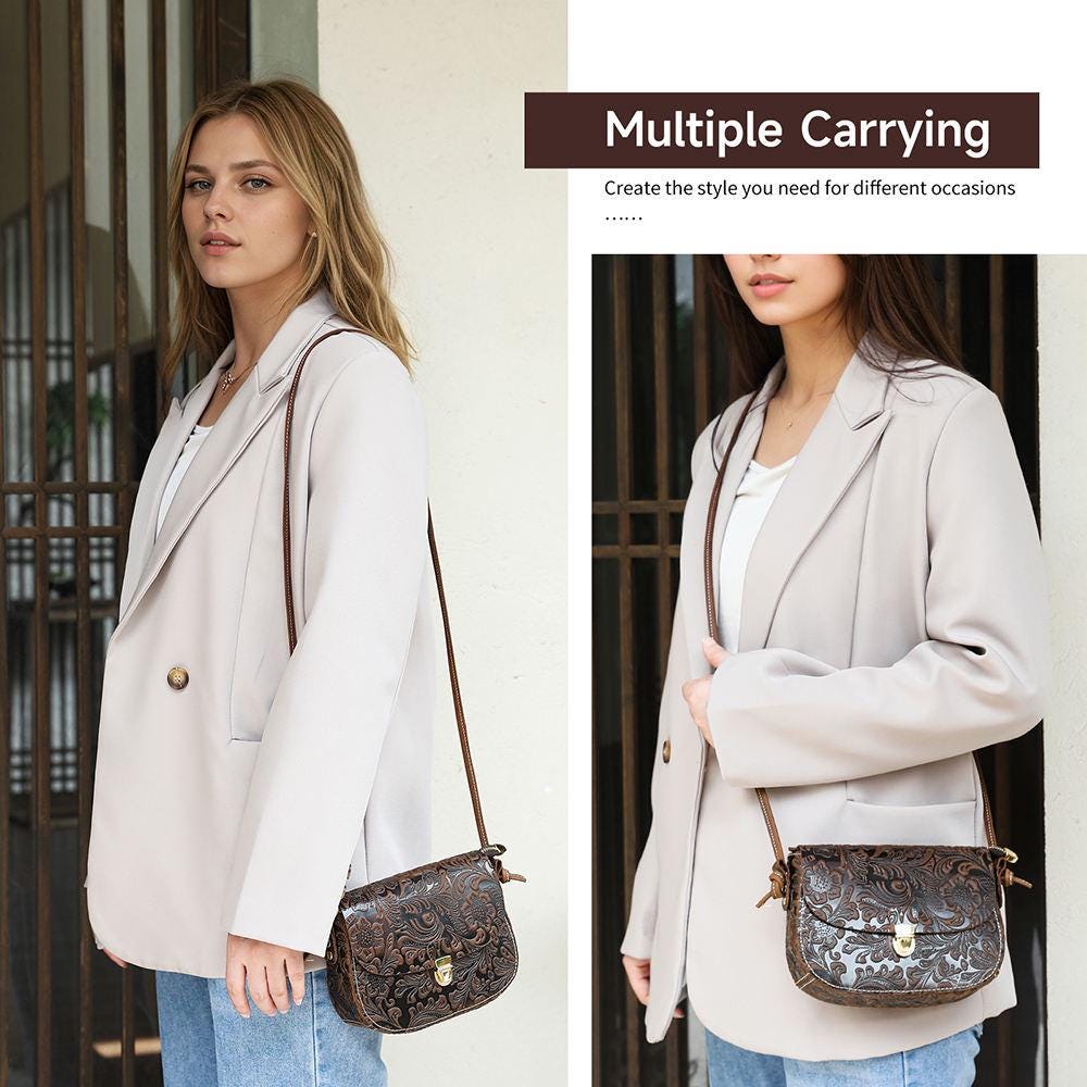 Un bolso pequeño cuero en forma de media luna destaca por su silueta curva y su estética contemporánea.